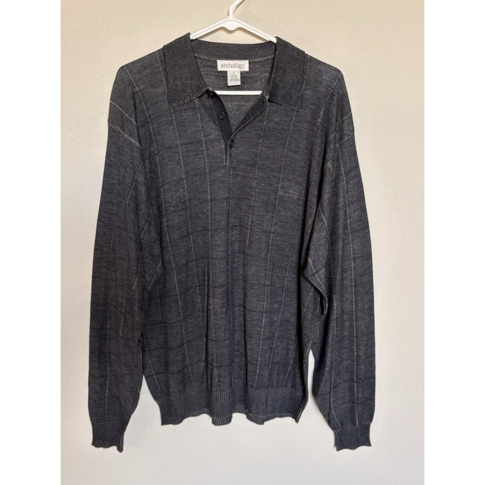 Anthology Gray Lightweight 100% Silk  Knit Collared Sweater Men's Long Sleeve L